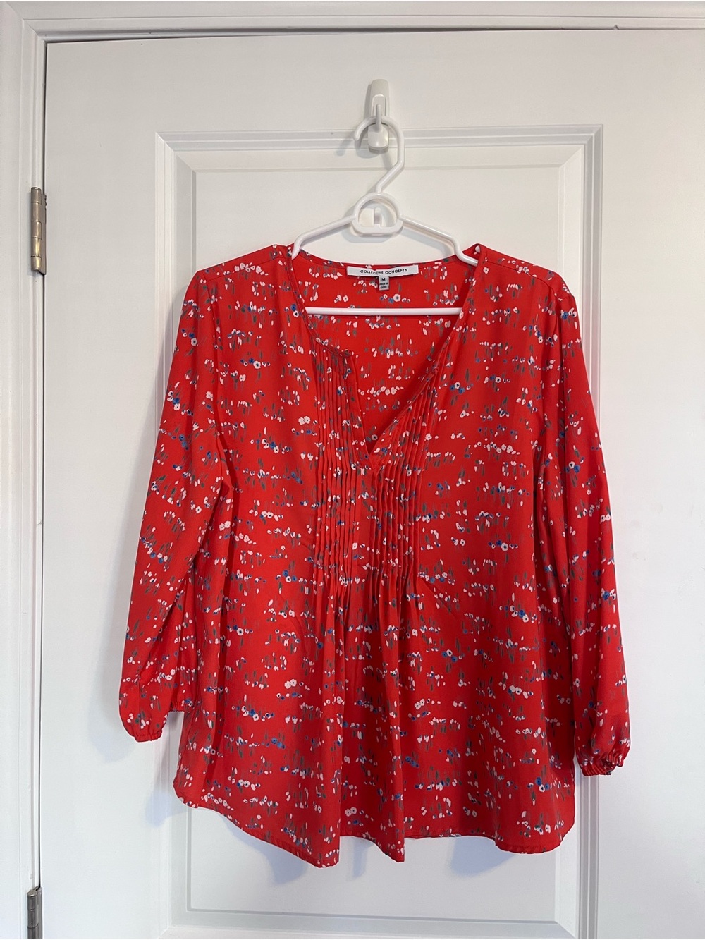 Collective Concepts Red Printed Pintuck V-Neck Blouse